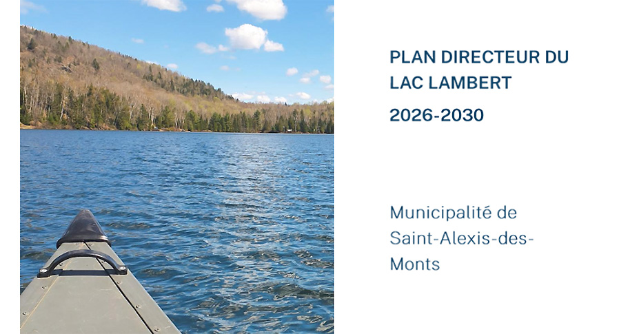 Image du devant d'un canot sur un lac avec les mots "Plan directeur du lac Lambert"