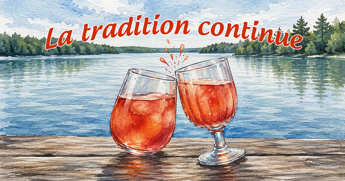 Verres de punch devant un lac avec les mots "La tradition continue" au dessus.